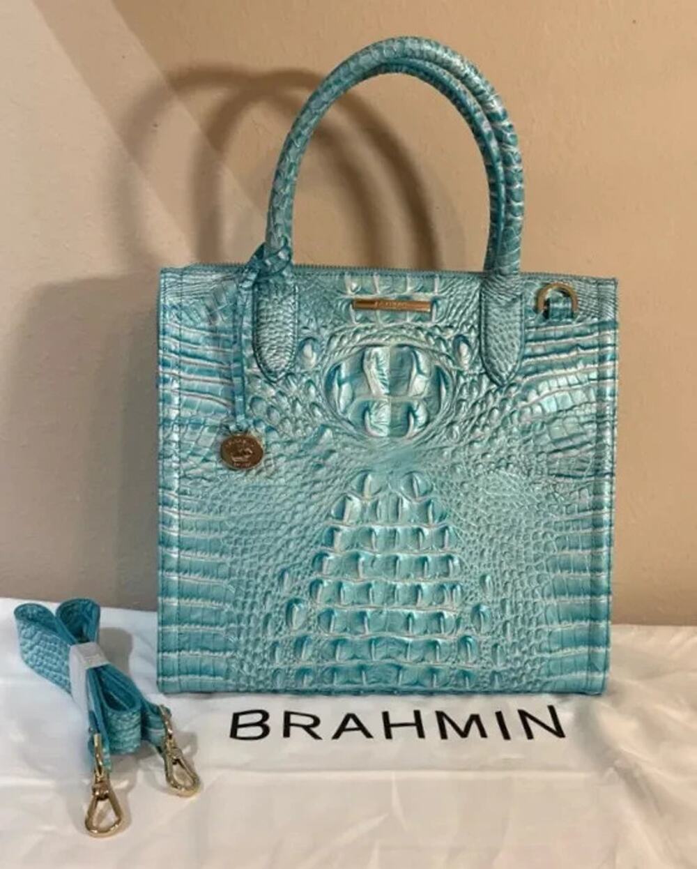 NWT BRAHMIN CAROLINE DUSTY BLUE MELBOURNE CROCO EMBOS LEATHER SATCHEL BAG